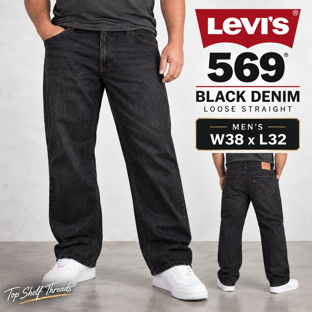 Levi's 569 Loose Straight Fit Men W38 L32 Black Stretch Jeans Low Rise Zip Fly